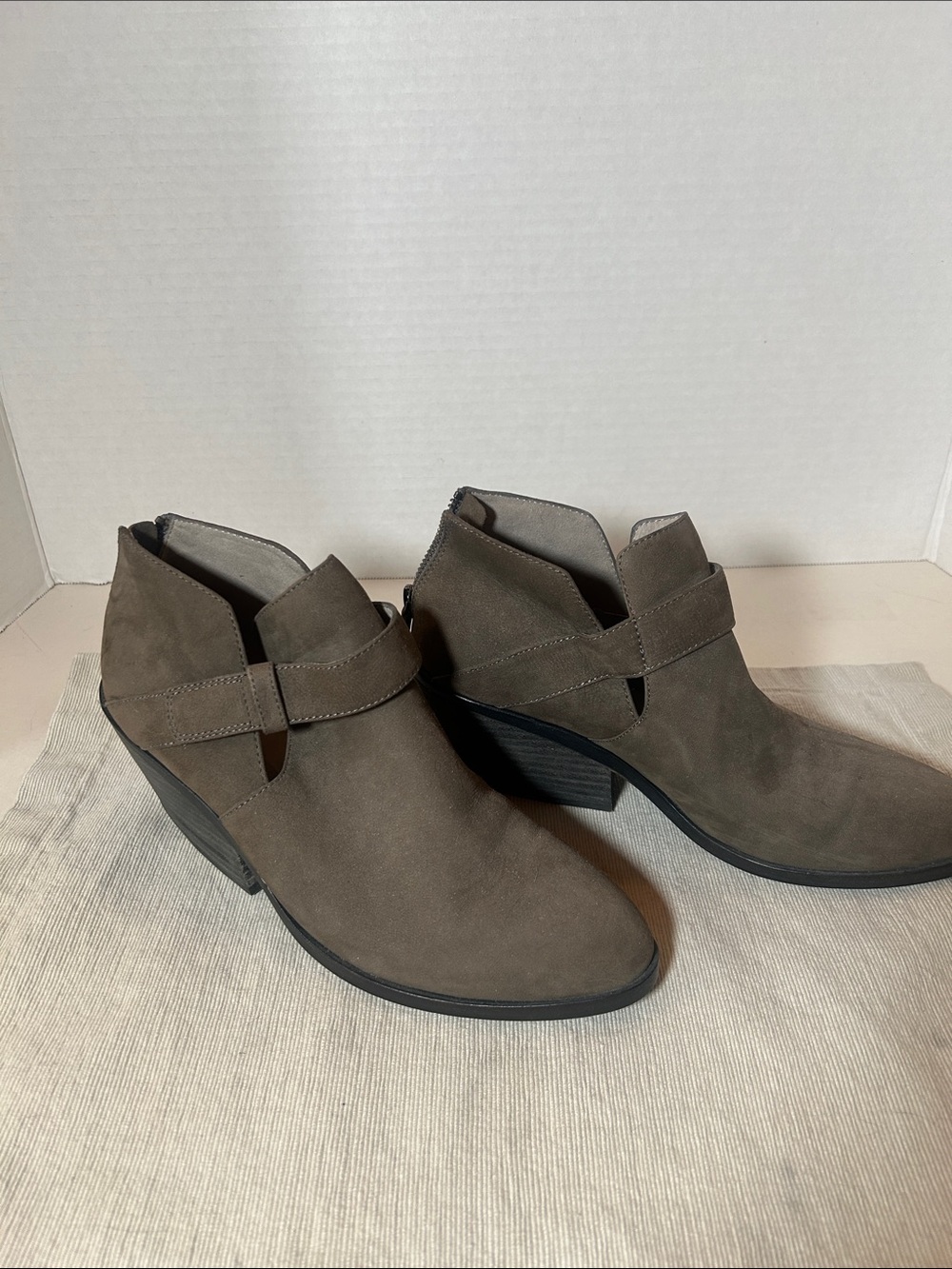 Eileen West Taupe Suede Cutout Strap Ankle Booties